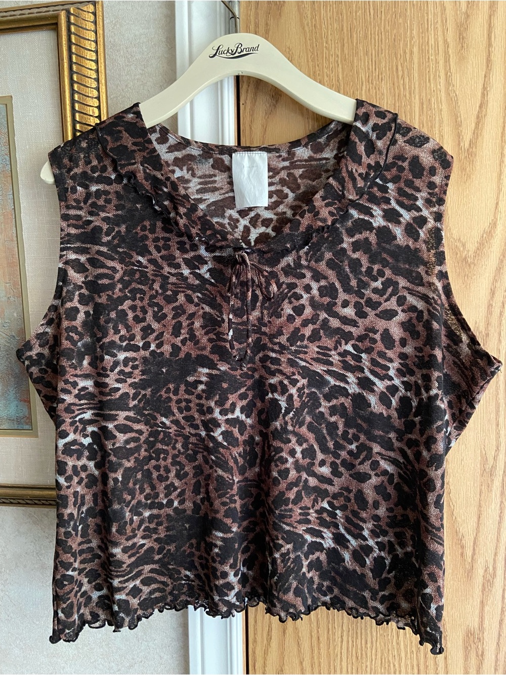 90s Vintage Ruffled Sheer Mesh Leopard Print Ruffled Collar Tie Blouse Intimate